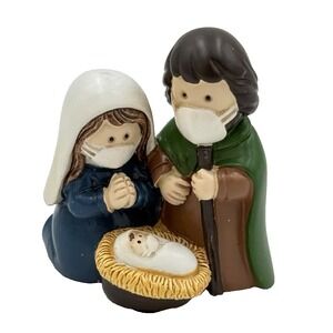 Miniature‎ Nativity Figurine Christmas Joseph Mary Jesus Wearing Face Masks NEW